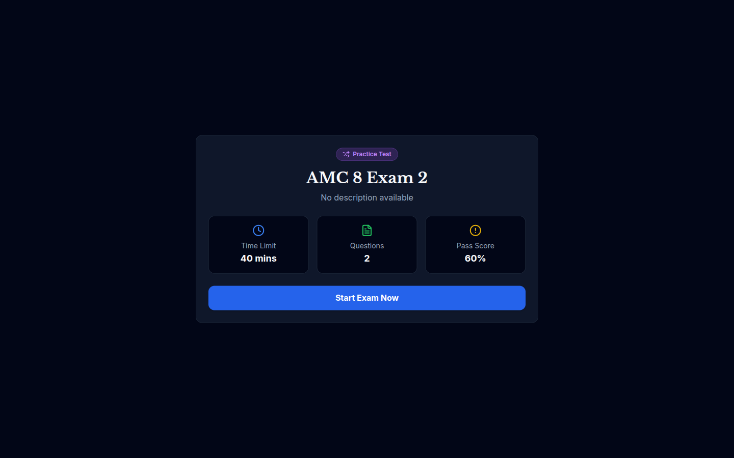 Pre-test page for AMC 8 Exam showing test name, question count, and countdown timer before starting